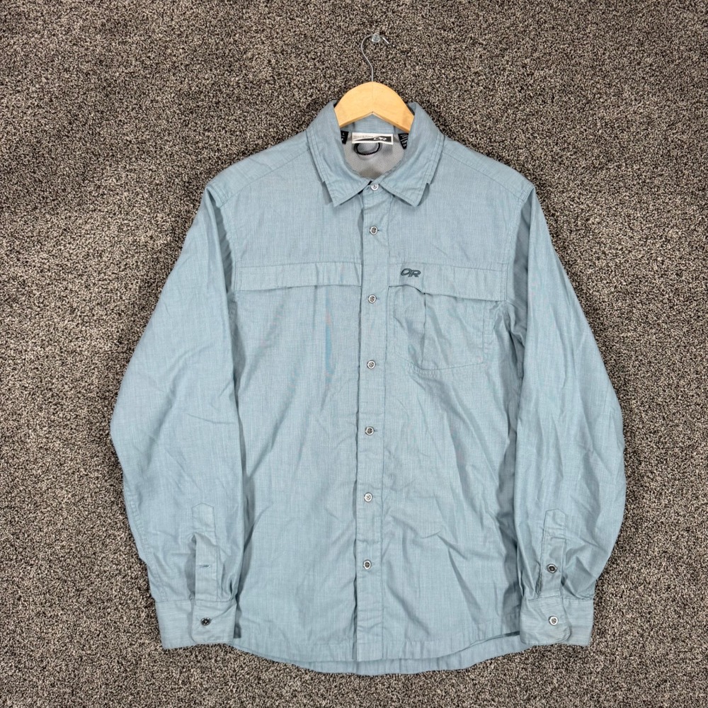 Outdoor Research Shirt Mens L Blue Insect Shield Pockets Vented Fishing - FLAW
